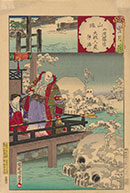 Toyohara Chikanobu, Japanese. From a 'Moon, Flowers and Snow' Series: Kiyomori in a Snowy Garden of Skulls, 1884 color woodblock. Private Collection. 