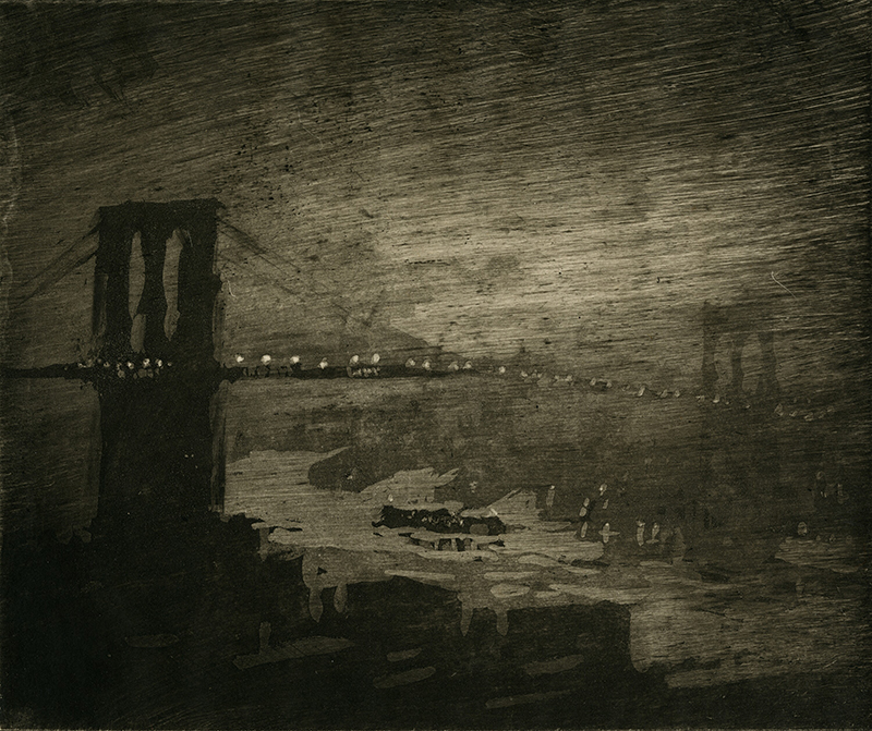 A dark etching in black and white showing a bridge at night