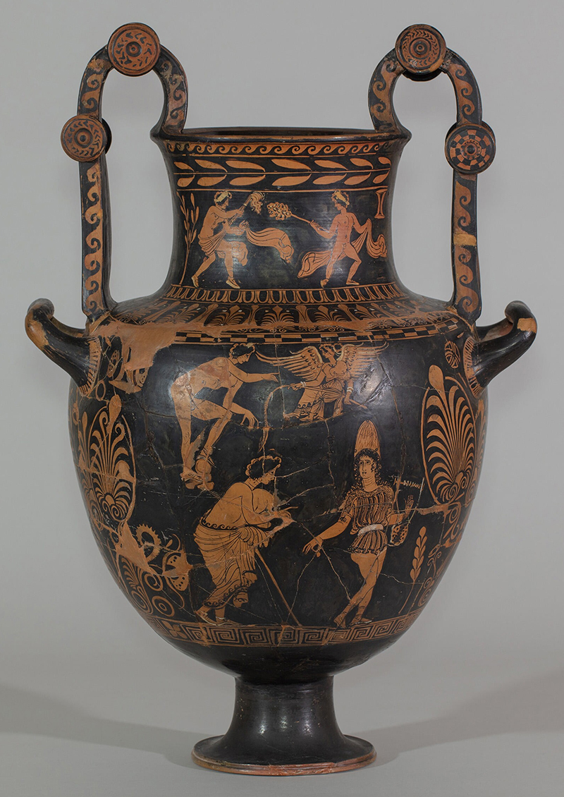 An ancient vessel with many figures painted on it