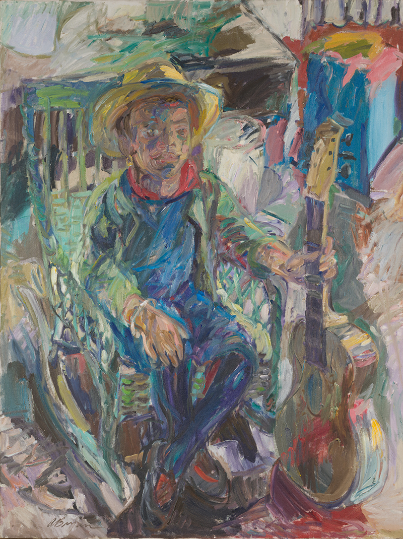 A painting in pastel colors showing a figure in overalls with a guitar
