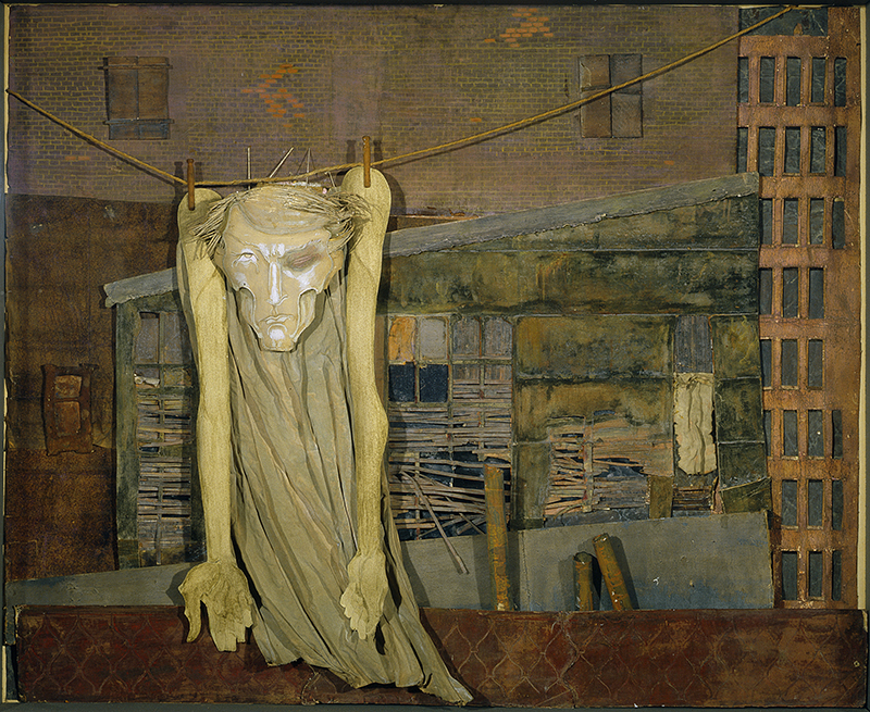 a mixed media piece showing a person suspended on a clothesline