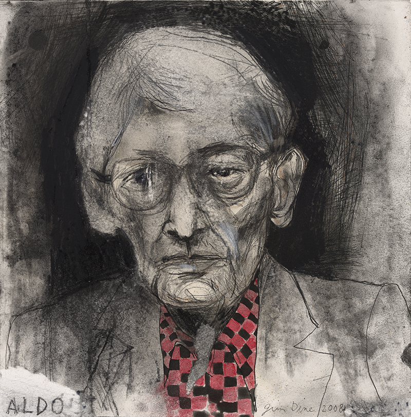 a charcoal drawing of a man's head and shoulders, with eyeglasses and a red patterned tie