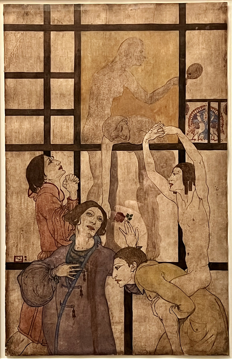  A painting in sepia tones of human figures dancing in a room