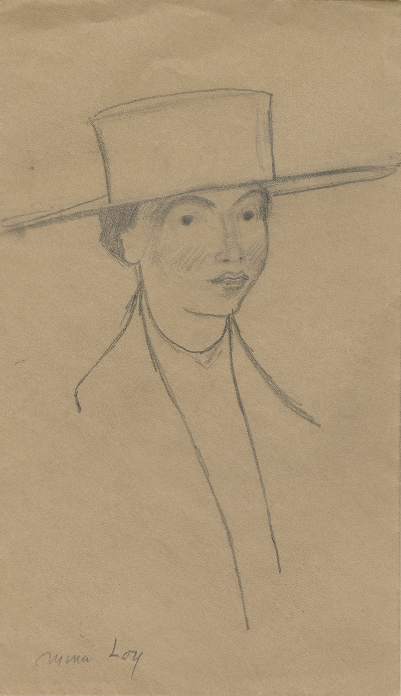 a pencil drawing on brown paper showing a woman's face and shoulders, wearing a broad-brimmed hat.