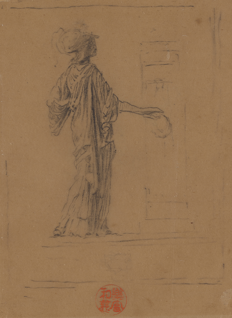 A drawing on sepia paper of a figure in a long classical garment, turned away from the viewer