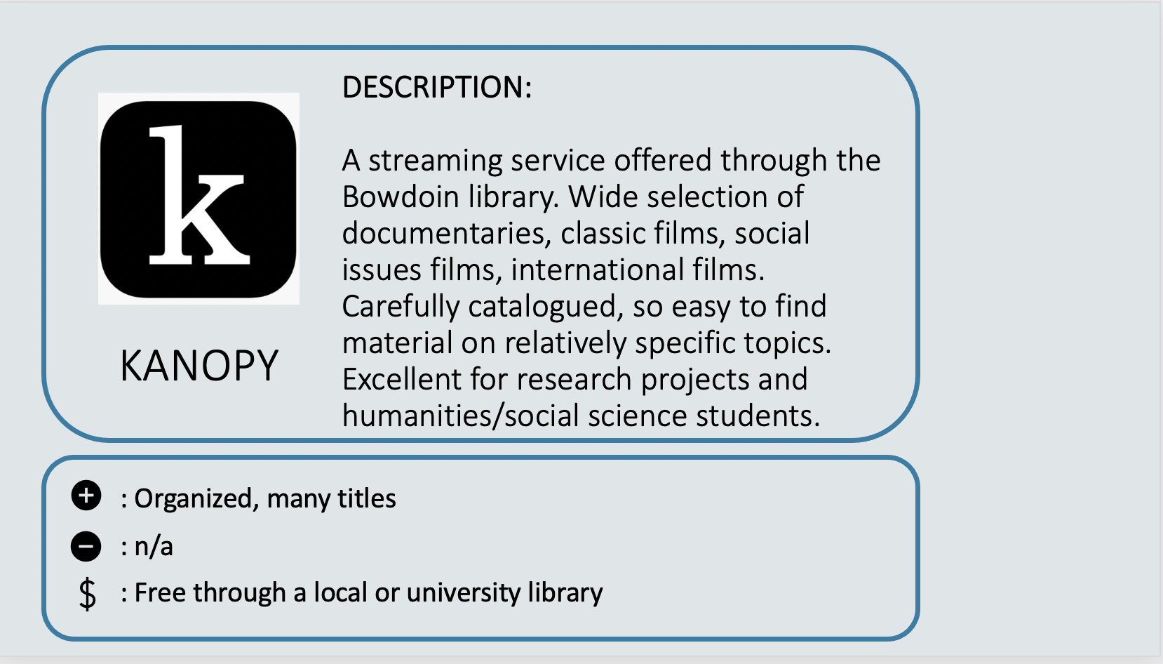 KANOPY - A streaming service offered through the Bowdoin library. Wide selection of documentaries, classic films, social issues films, international films. Carefully catalogued, so easy to find material on relatively specific topics. Excellent for research projects and humanities/social science students. Positive: Organized, many titles. Negative: N/A. Cost: Free through a local or university library.