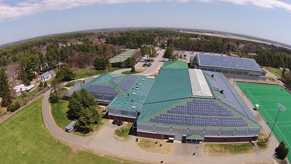 aerial image of solar panels on Bowdoin College buildings