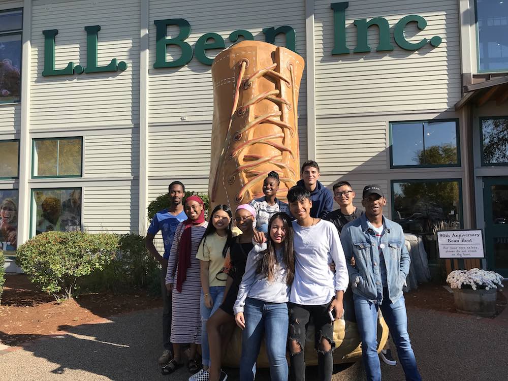 GCS students stand in front of large LL Bean Boot 