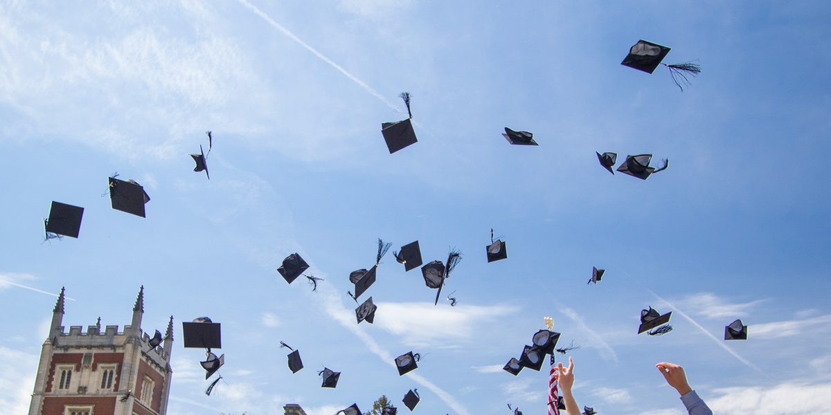 Grad caps fill the sky at Bowdoin graduation.