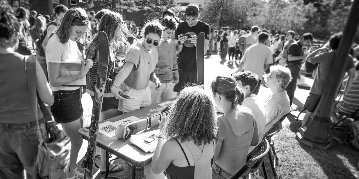 The Bowdoin club ski team talks to potential new members.