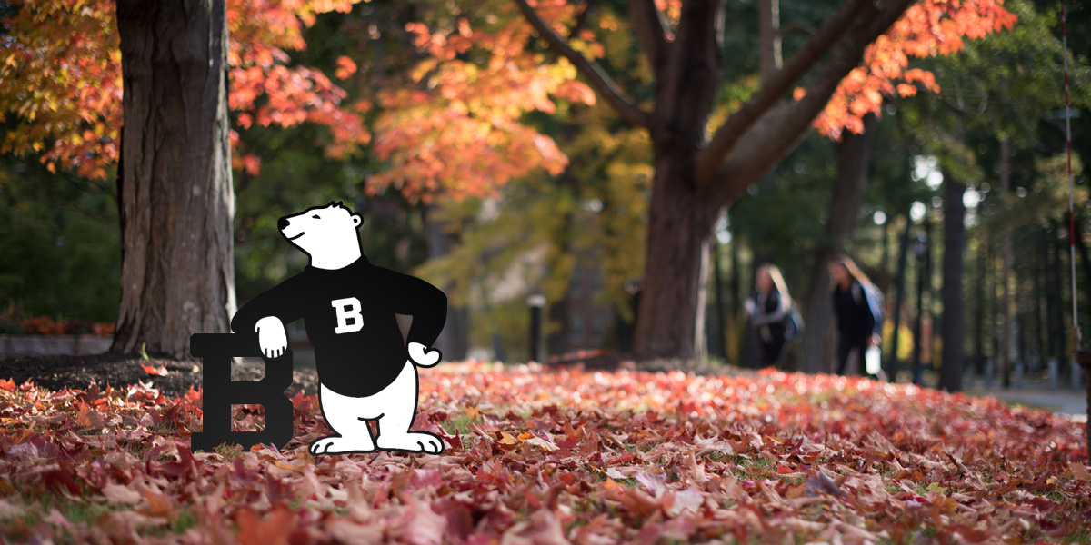 The Bowdoin Polar Bear welcomes you to Homecoming amid fall colors.