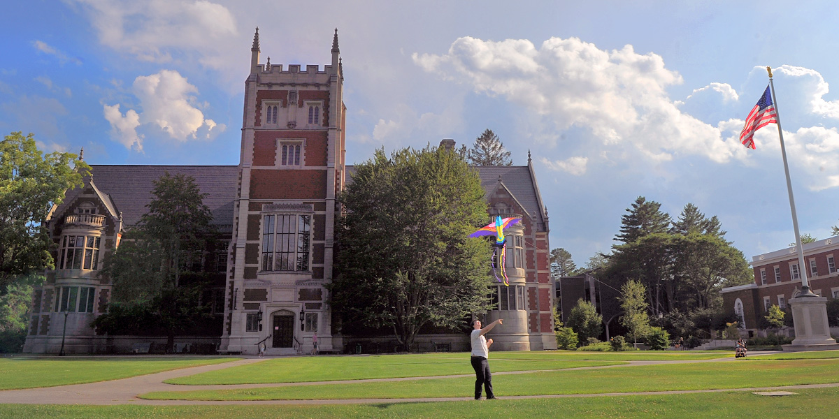 Summer at Bowdoin: a kite flies above the main Quad.