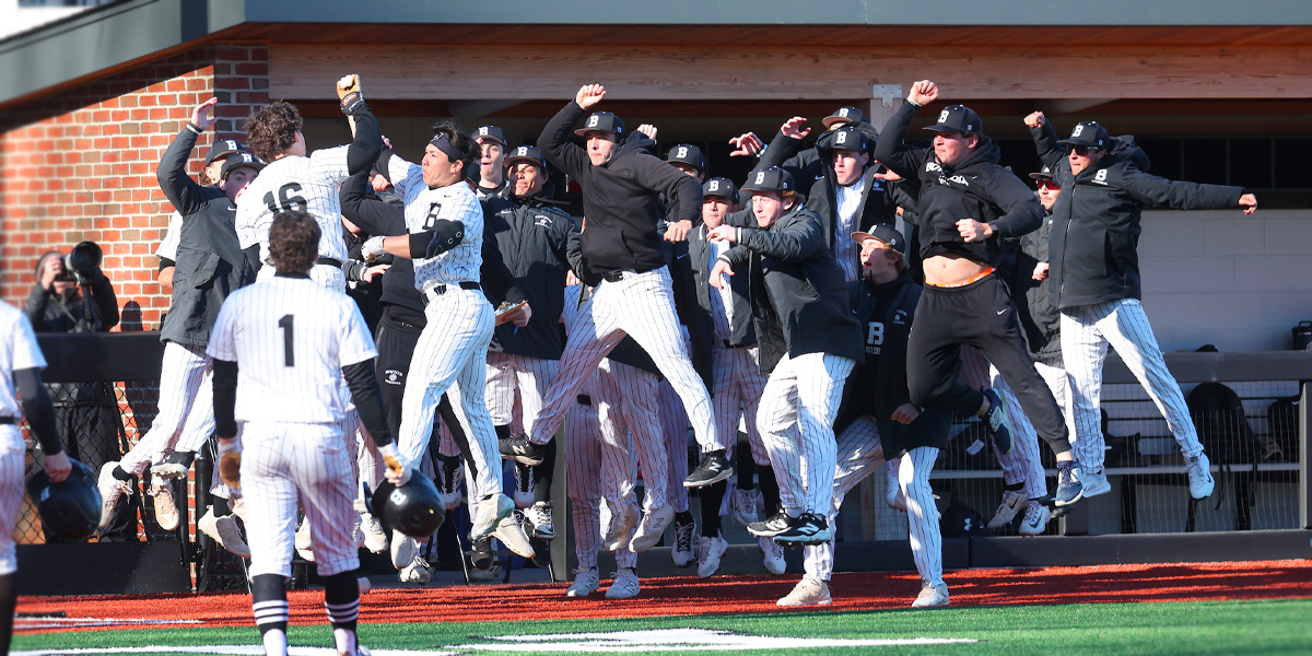 Bowdoin baseball celebrates at home plate.