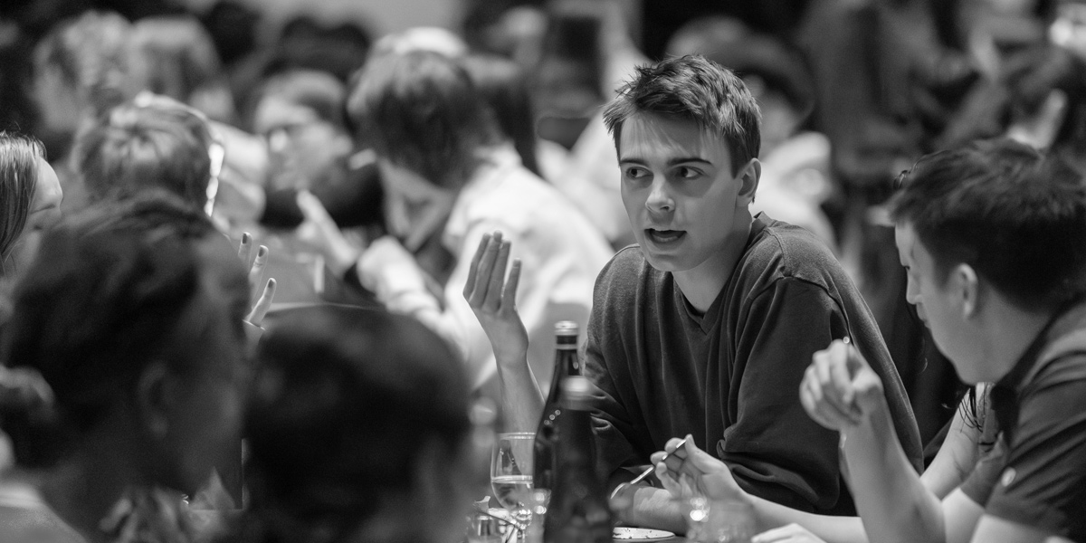 Bowdoin students at Sophomore Bootcamp celebrate with a class dinner.