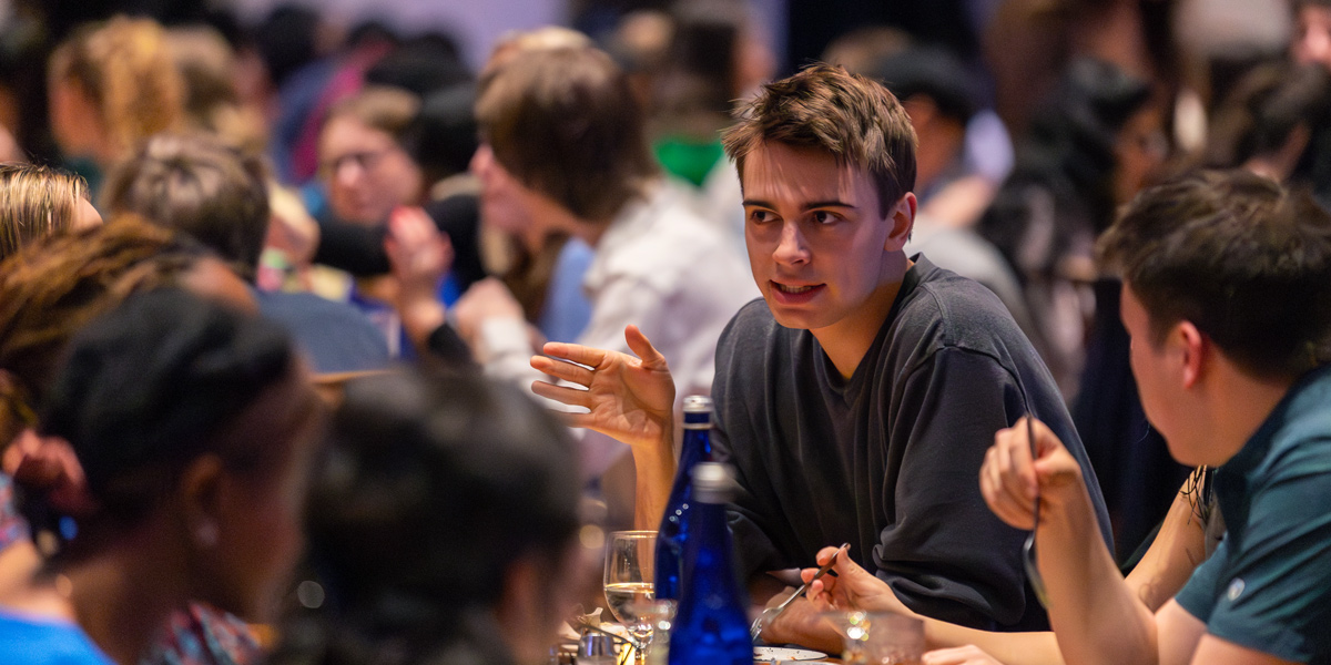 Bowdoin students at Sophomore Bootcamp celebrate with a class dinner.