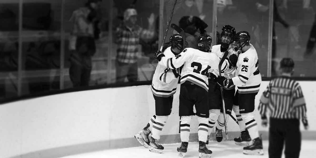 Bowdoin men's hockey celebrates a goal at home.
