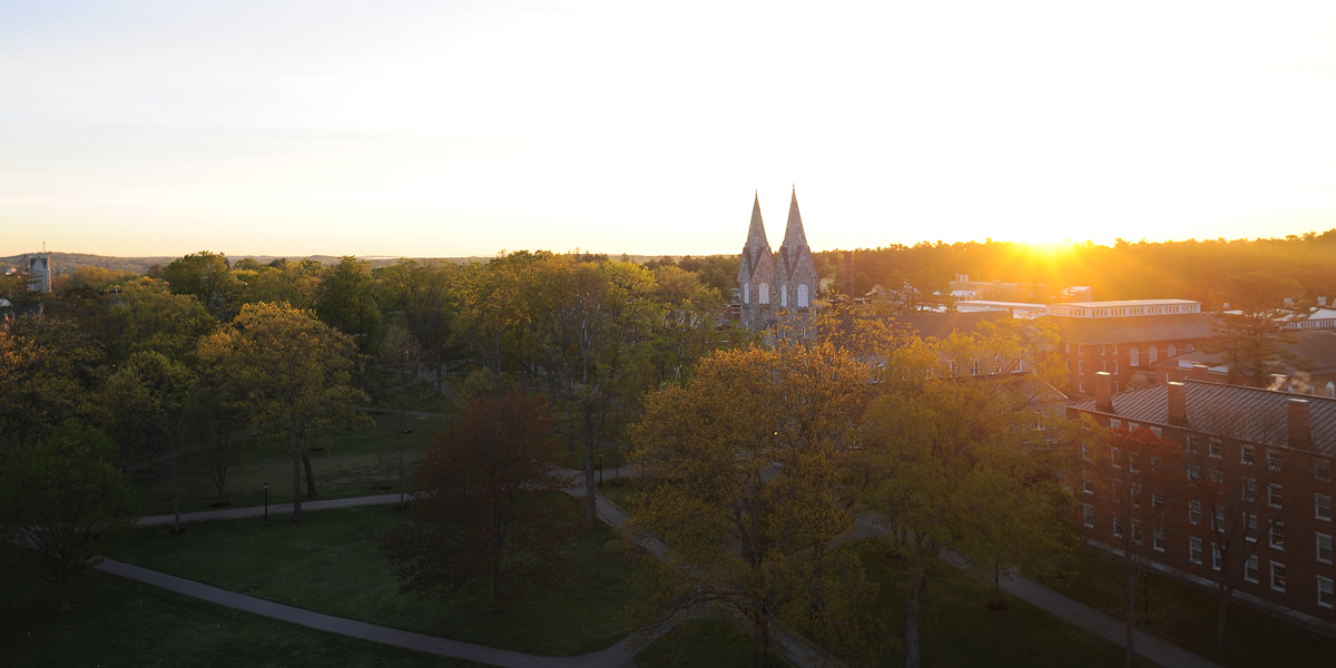 Sunrise on the Bowdoin chapel spires