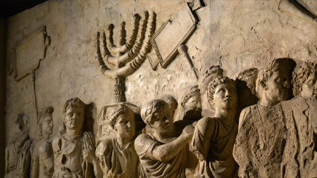 Relief on the Arch of Titus depicting the Temple spoils carried during the triumph procession of 71 CE