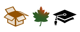 Academic Calendar icons of a moving box, maple leaf, and graduation cap
