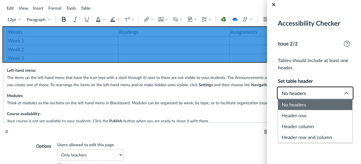 screenshot of the Canvas accessibility checker's suggestions for fixing a table.