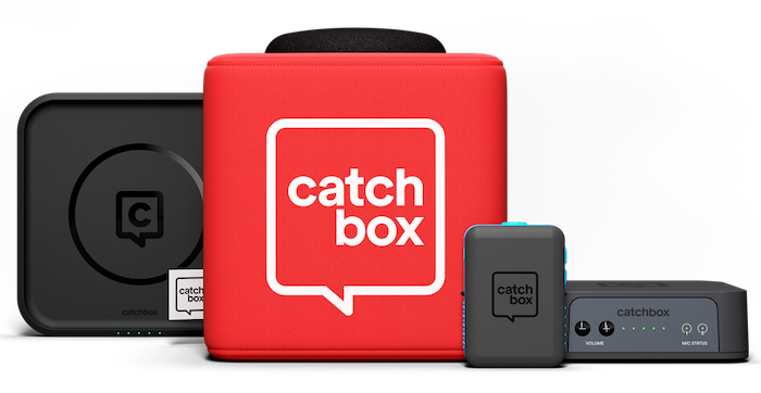 Equipment included with a Catchbox  kit. The kit includes a charging dock, a 10 inch foam cube with cover and microphone, an instructor microphone, and a receiver.