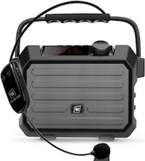 A portable Windbridge speaker with carrying handle and a headset with microphone.