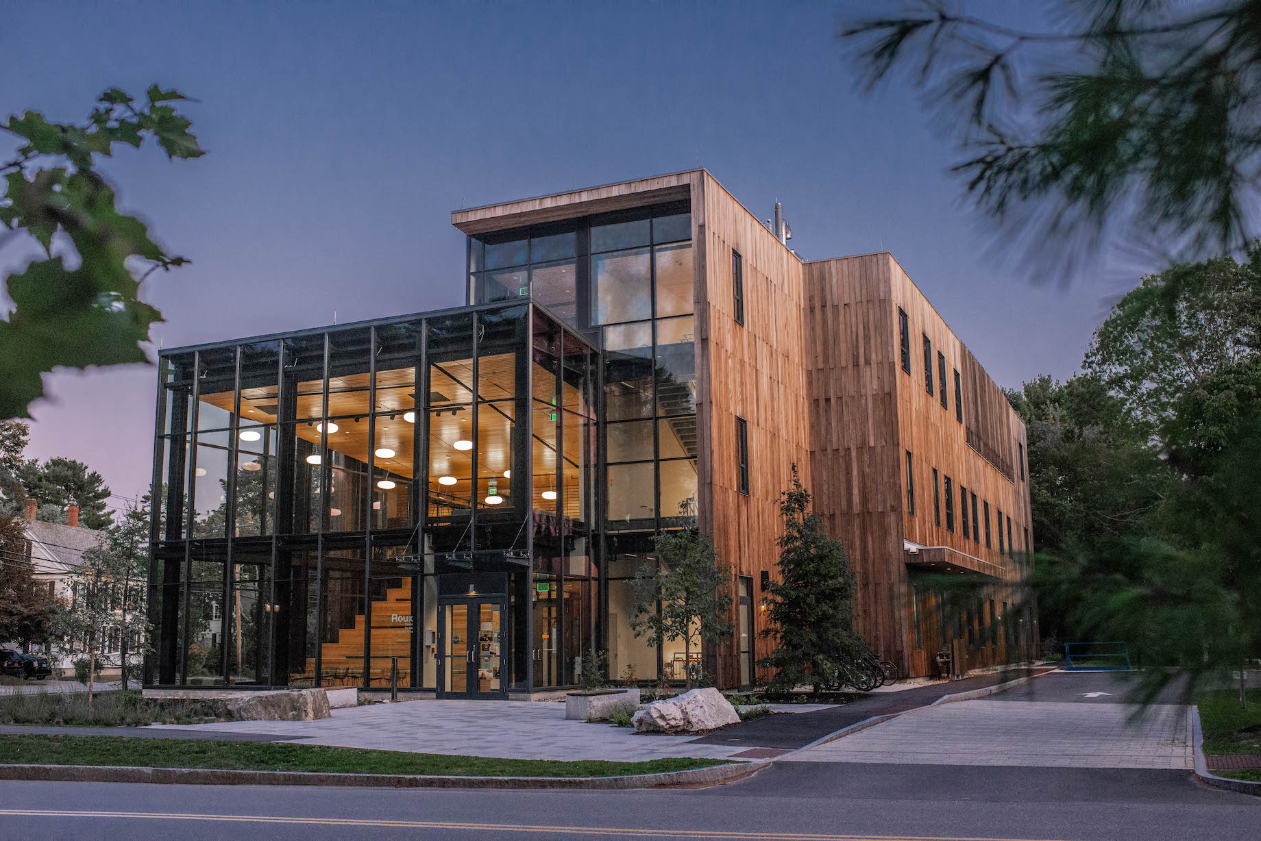 Roux Center exterior at dusk