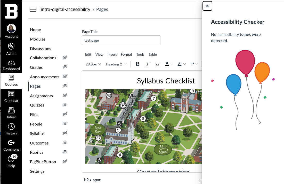 Screenshot of a successful accessibility report with balloons and confetti.