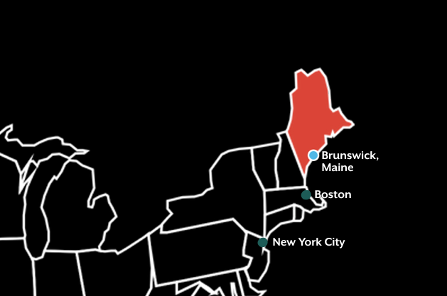 A map of the northeastern United States, with Brunswick, Maine, Boston, MA, and New York City called out. 