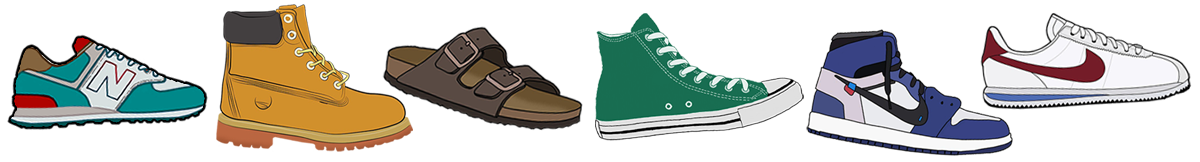 An illustration of six different shoes