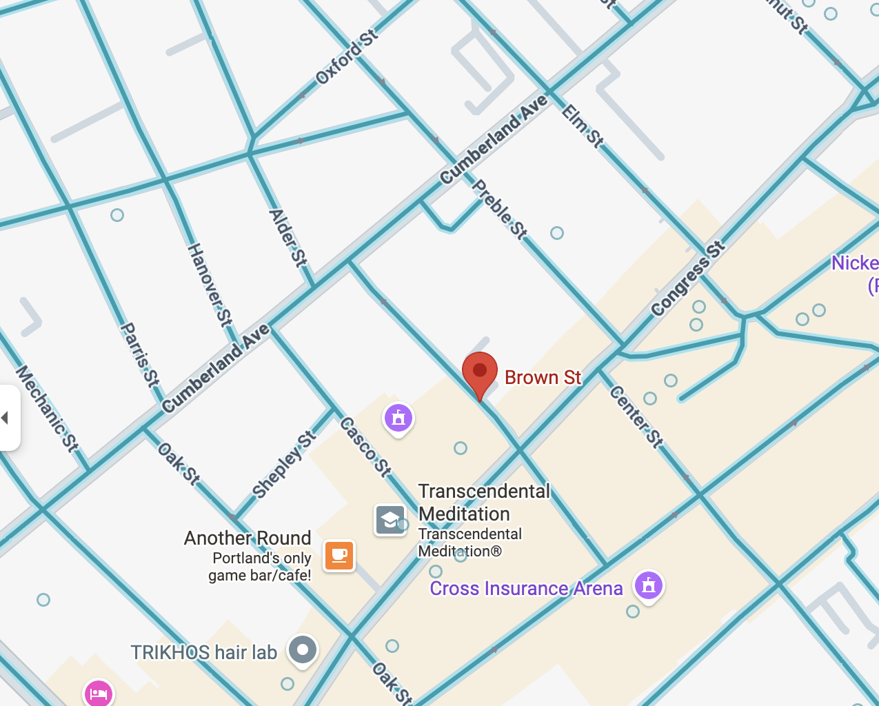 A map showing the intersection of Brown St. and Congress St. in Portland, ME