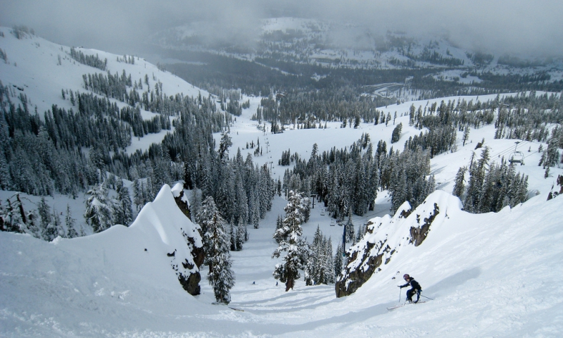 Downhill shot of snowy Sugar Bowl Resort in California