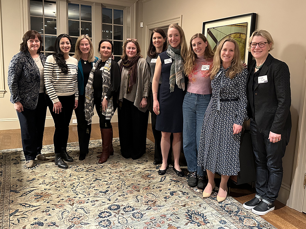 (L. to r.) Karen Kinsella ’84, Jessica Gharghour Schultz ’02, Ellen Mitchell ’92, Isabella Sarkisyan Jean ’01, Moira Kelly ’86, Claire Newton ’02, Katherine Armstrong ’08, Audrey Leland ’18, Amanda Masselam Strachan ’95, Carolyn Sages O’Boyle ’00.