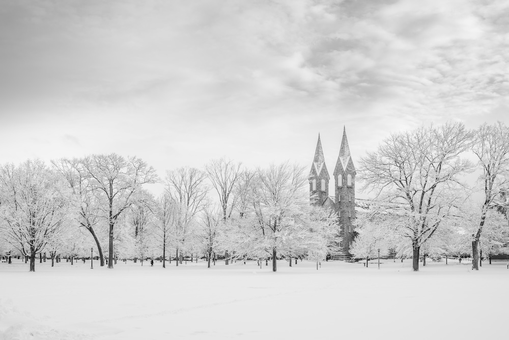 Snow blankets campus in early April during the annual Spring Volunteer Conference.