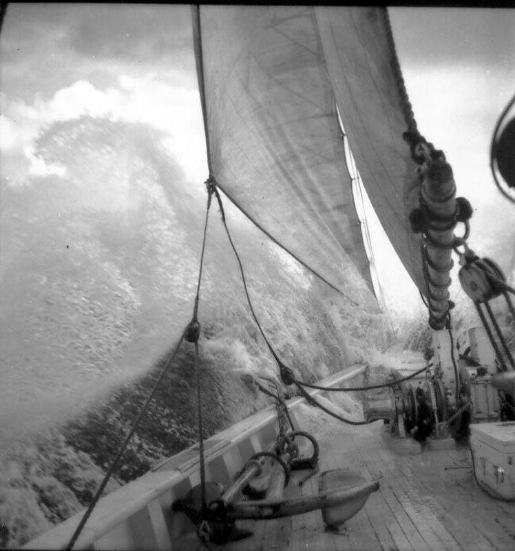 <p><b>Big Seas!</b> </p>    Sailing in the far north is always an adventure. Seas in the North Atlantic can be stormy. Sudden squalls and days of fierce winds are common. Fortunately, the <em>Bowdoin</em> is very seaworthy. Photographer Rutherford Platt reported logging 10 knots the day before this picture was taken.  <br /> <br />  Rutherford Platt, Strait of Belle Isle, September 8, 1947. Gift of Alexander D. Platt, Rutherford Platt and Susan Platt.