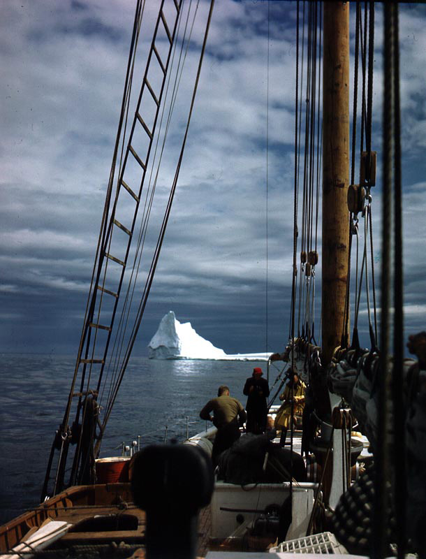 <p><b>Working Through the Ice</b> </p>    Icebergs and pack ice are both a constant concern and a source of fascination for Arctic navigators. Threading the <em>Bowdoin</em> through pack ice, MacMillan was usually to be found in the ‘ice bucket,’ where he had a birds-eye view of ice conditions, calling instructions to the helmsman. Icebergs had to be watched carefully too, often through the lens of a camera.   <br /> <br />  Rutherford Platt, 1947. Gift of Alexander D. Platt, Rutherford Platt and Susan Platt.