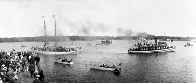 <p><b>Festivities for the S.S. <em>Peary</em> and the Schooner <em>Bowdoin</em></b> </p>    In the summer of 1925 MacMillan and Richard Byrd led an expedition to Northern Greenland. The departure of the two ships from Wiscasset, Maine, was a major event, as were many of the <em>Bowdoin’s</em> later departures. The first airplane flights in the far north, made on this expedition, demonstrated the value of planes for northern exploration.  <br /> <br />  Unknown photographer, Wiscasset, 1925. Gift of Dr. Edward K. Morse.