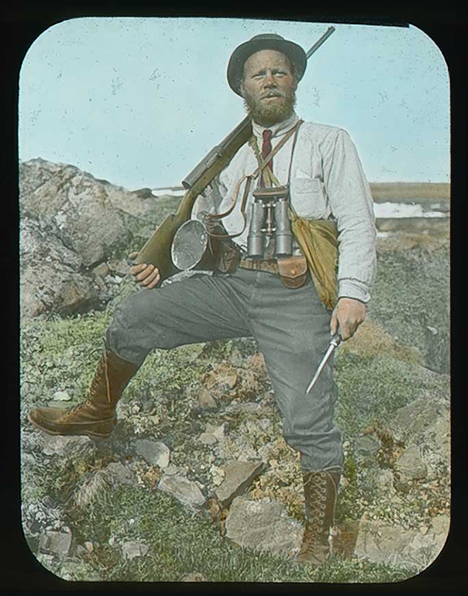 <p><b>Elmer Ekblaw in the field, northwest Greenland, 1913-1917. Hand-tinted glass lantern slide.</b> </p>    <em>Crocker Land Expedition, Given in honor of Walter E. Ekblaw, Jr., devoted son.</em>