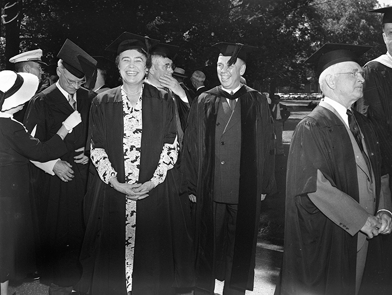 Samuel L. Forsaith (Bowdoin h. 1949), Ralph Brewster (Owen) (Bowdoin 1909), and Marie Peary Stafford (Bowdoin h. 1949)