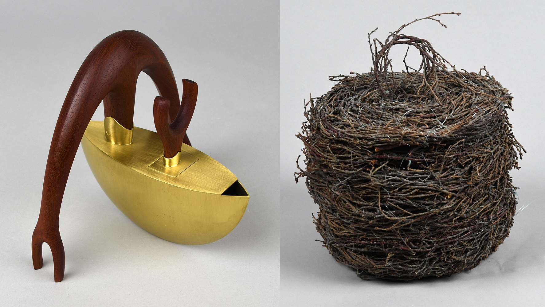 On the left a teapot by Michael Massie, on the right a lidded basket by Angie Angmak Eetak