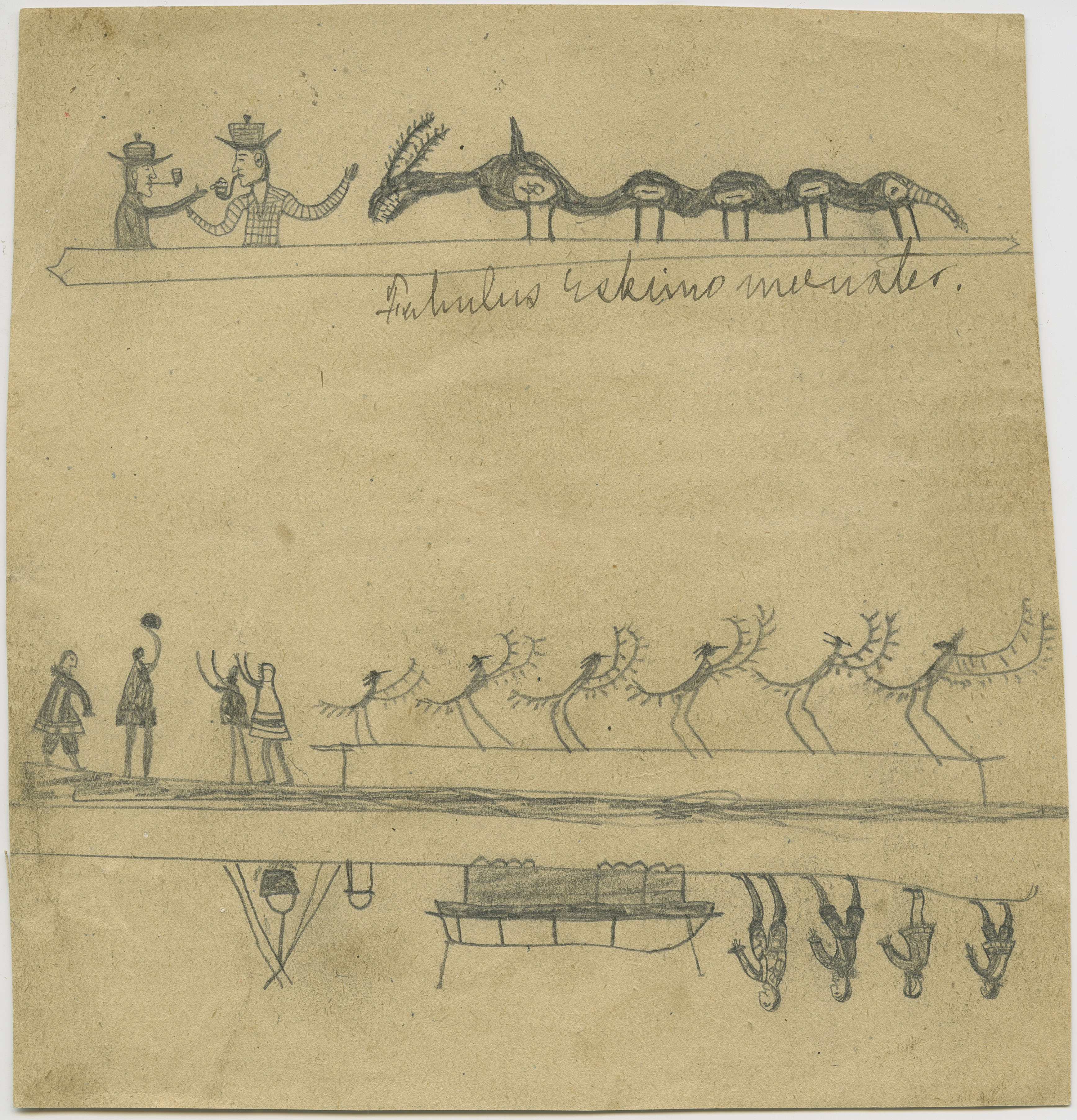 Unidentified Iñupiat Artist, Fabulous Eskimo Monsters, and Fabulous Eskimo Monster/four men with sledge and cooking fire/row of six birds, Siuġaq (Cape Prince of Wales), Alaska, 1892-1893. Graphite on paper. Museum purchase, Thornton Collection. 