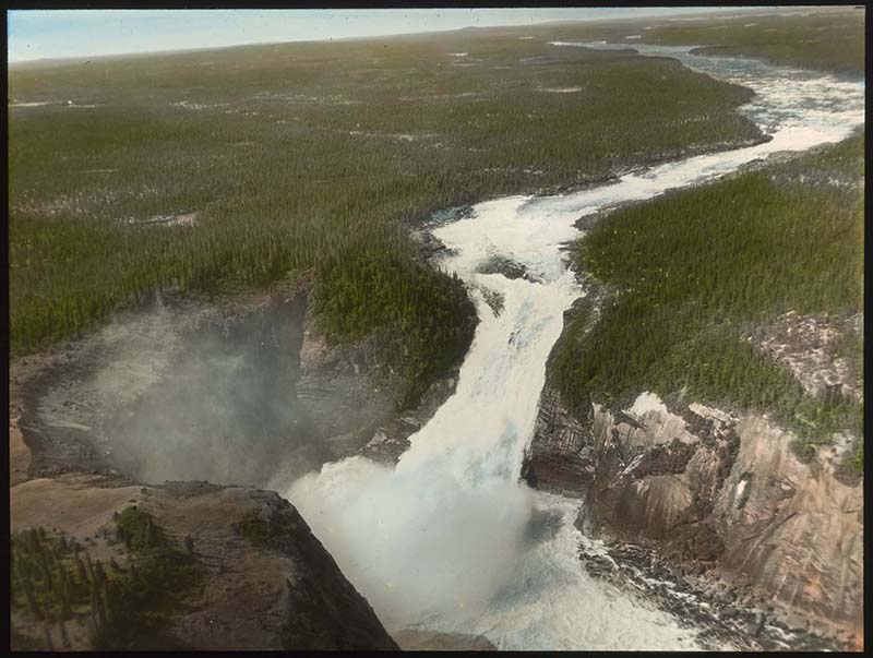 Donald B. MacMillan, Grand Falls [Patshetshuna, Chuchill Falls] of Labrador [Nitassinan] [Prior to Construction of Churchill Falls Generating Station], Mista-Shipu (Churchill River), Nitassinan (Labrador), Canada, probably 1931. Hand-tinted glass lantern slide. Gift of Donald and Miriam MacMillan.