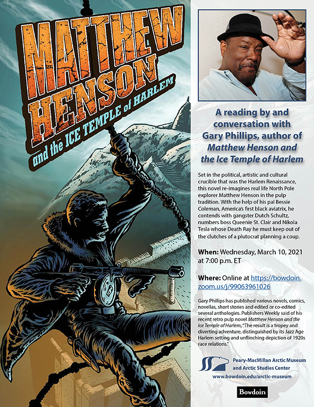 poster and book cover for Gary Phillips' novel, Matthew Henson and the Ice Temple of Harlem