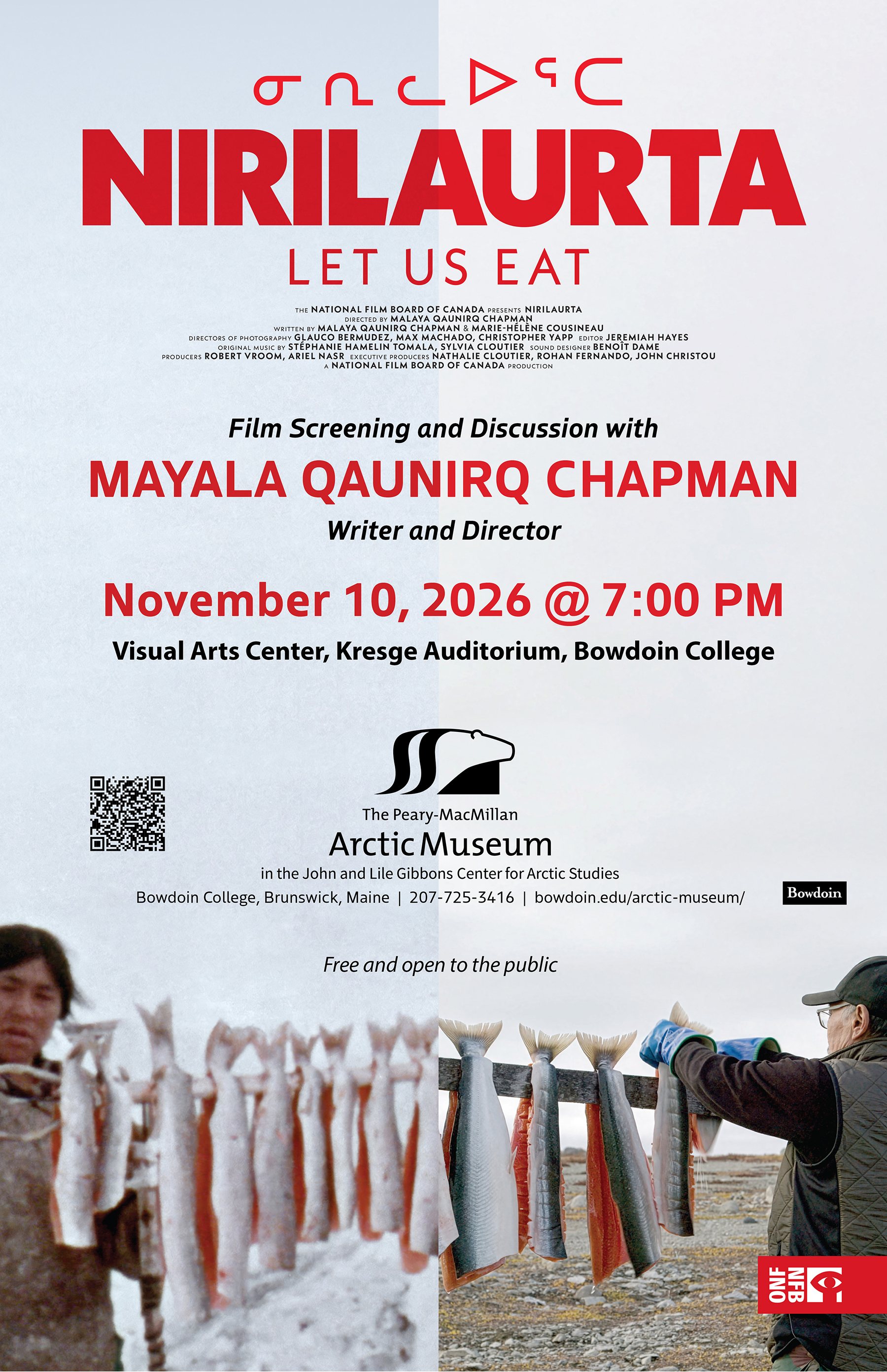 Poster for the screening of a film called Nirilaurta