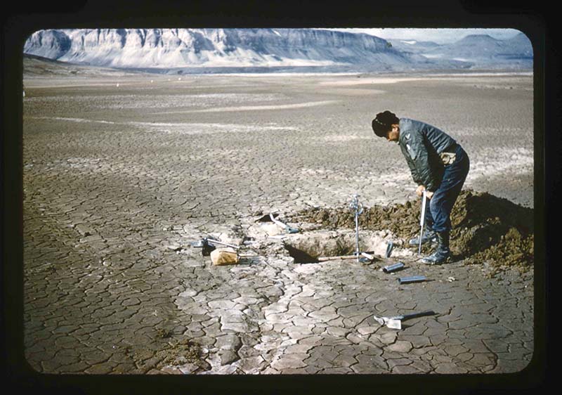 Unidentified photographer, Testing of Bearing Strength on Runway Site at Bronlunds Fjord. Stan Needleman, Bronlunds Fjord, northeast Greenland, August 1957. 35mm slide. Gift of Stanley Needleman.
