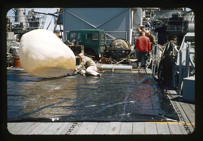 Stanley Needleman, Balloon Filled with Helium to Measure Ozone Layer by Telemetering Data to Record, June 1958. 35mm slide. Gift of Stanley Needleman.