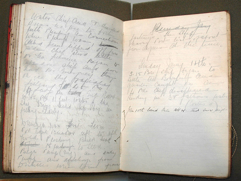 Bartlett’s journal, open to the entry for January 11th, 1914, the day the Karluksank. This journal was donated to the Peary-MacMillan Arctic Museum by Thomas Hale.