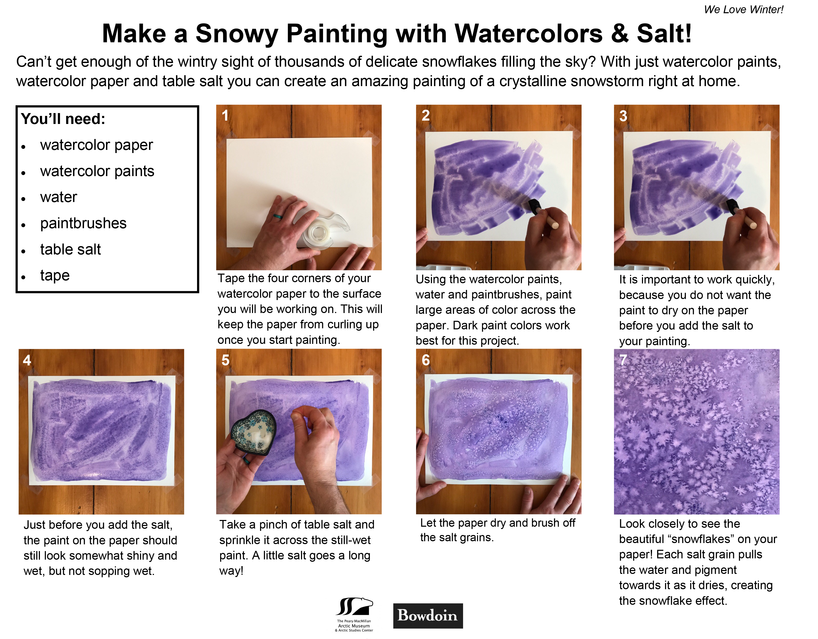 Instructions for making a snowy painting with watercolors and salt