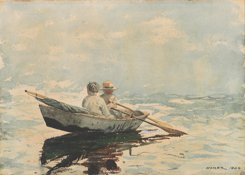 two youngsters rowing a boat