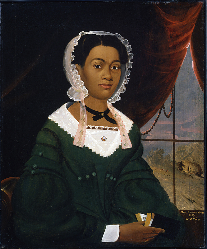 A portrait of a woman in a black dress and a lace cap